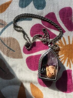 Hand made- local artist Silver-Tone Amethyst Rose Pendant Necklace - amulet